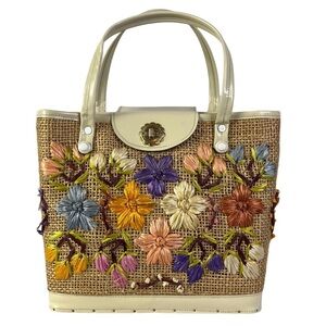 Vintage Straw‎ with Floral Design Shoulder Bag